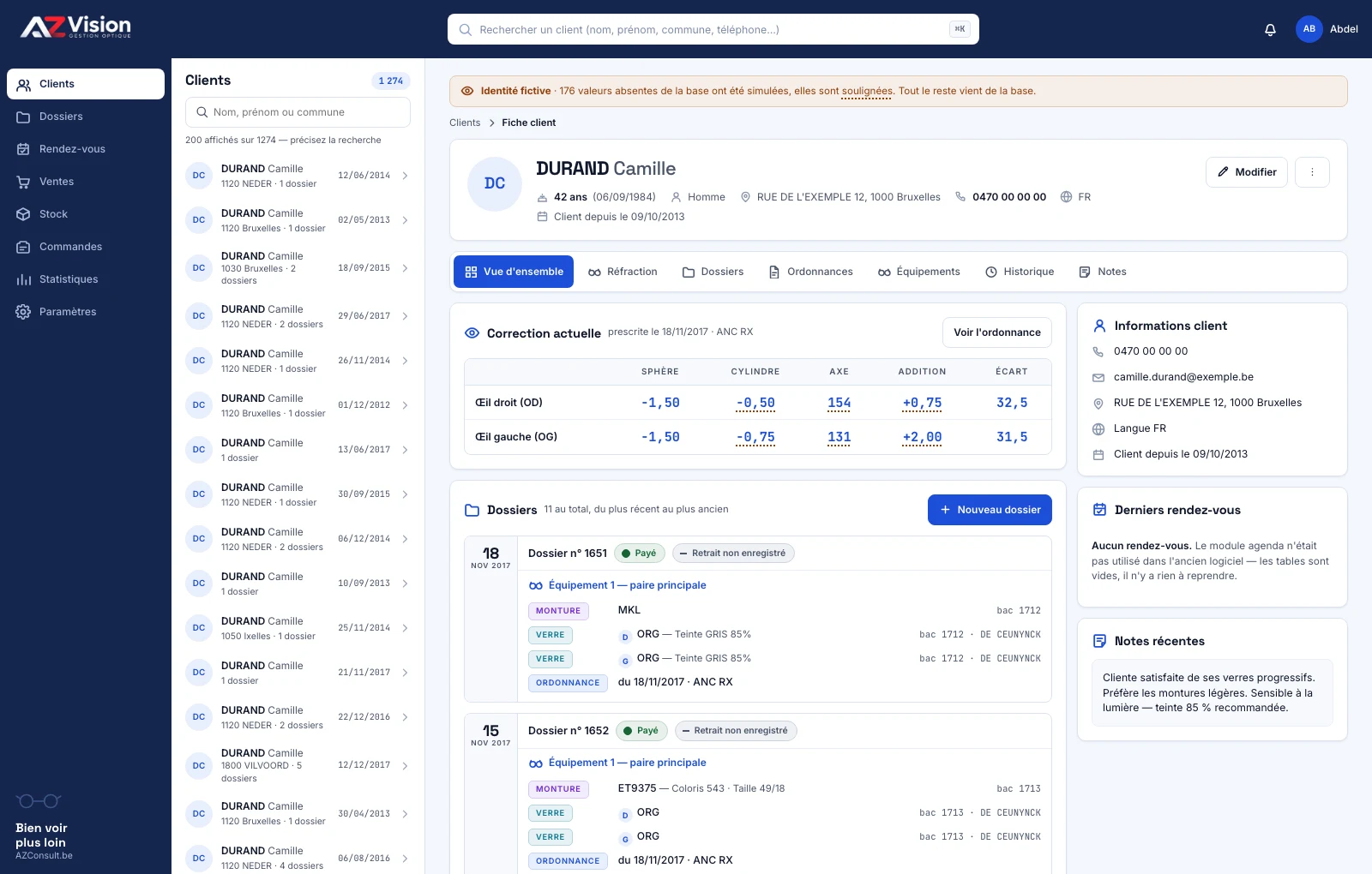 Fiche client AzVision : correction en cours, dossiers, équipements et rendez-vous.