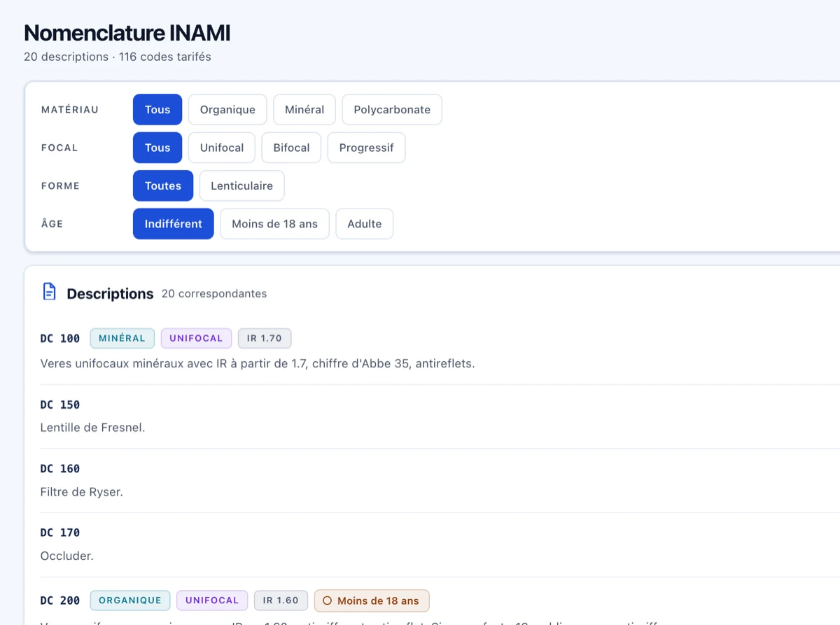 Écran Nomenclature INAMI : filtres matériau, focal, forme et âge, liste des descriptions et codes tarifés.