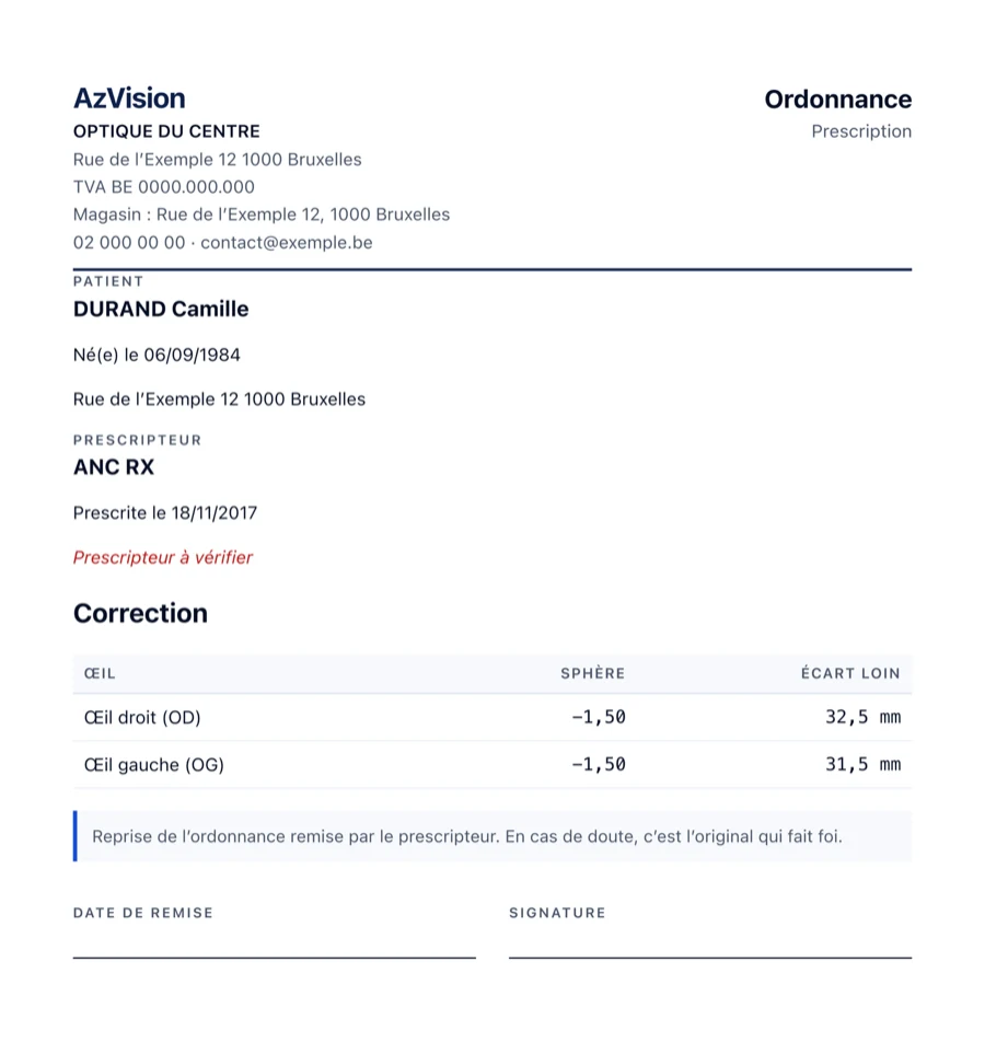 Ordonnance imprimée par AzVision : en-tête du magasin, patient, prescripteur, tableau de correction et emplacement de signature.