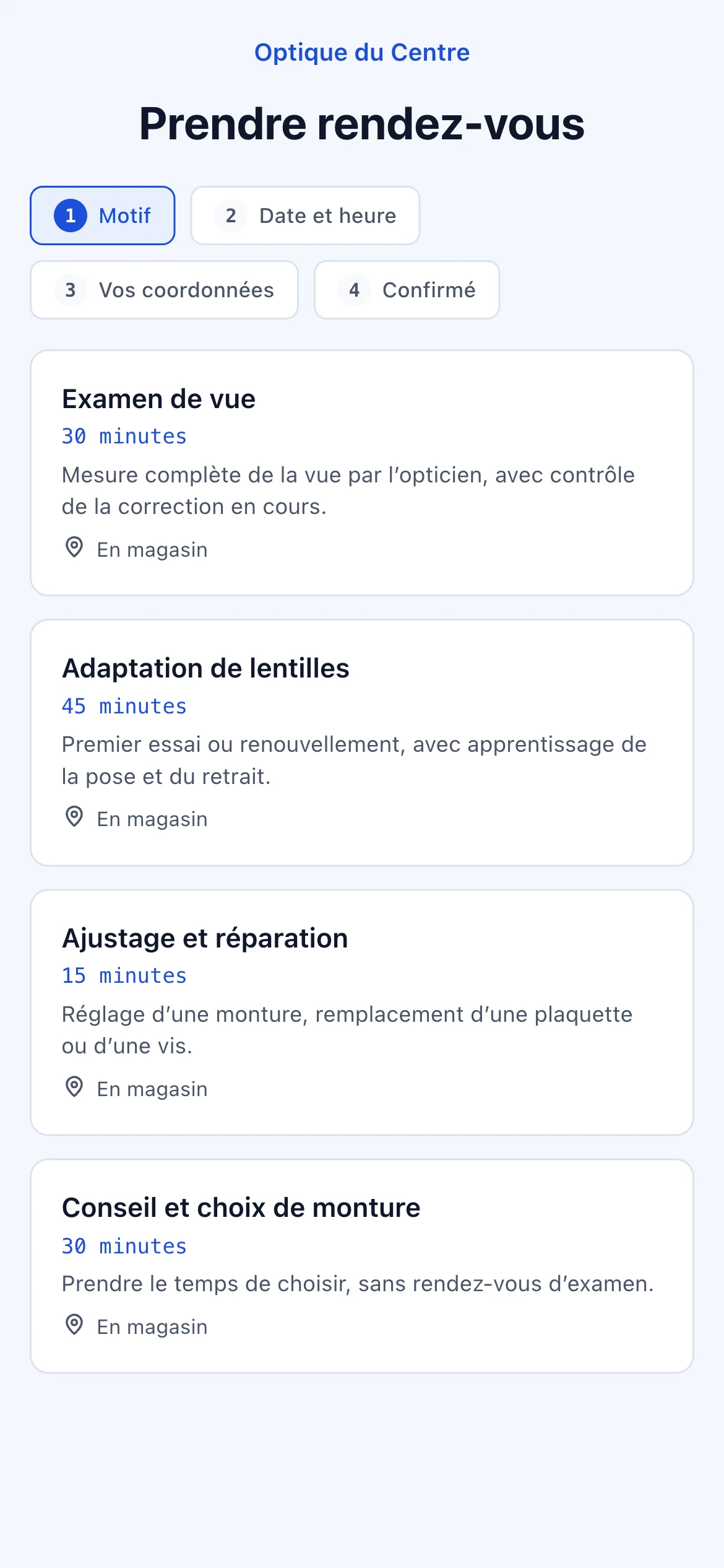Page publique de prise de rendez-vous AzVision, vue sur un téléphone.