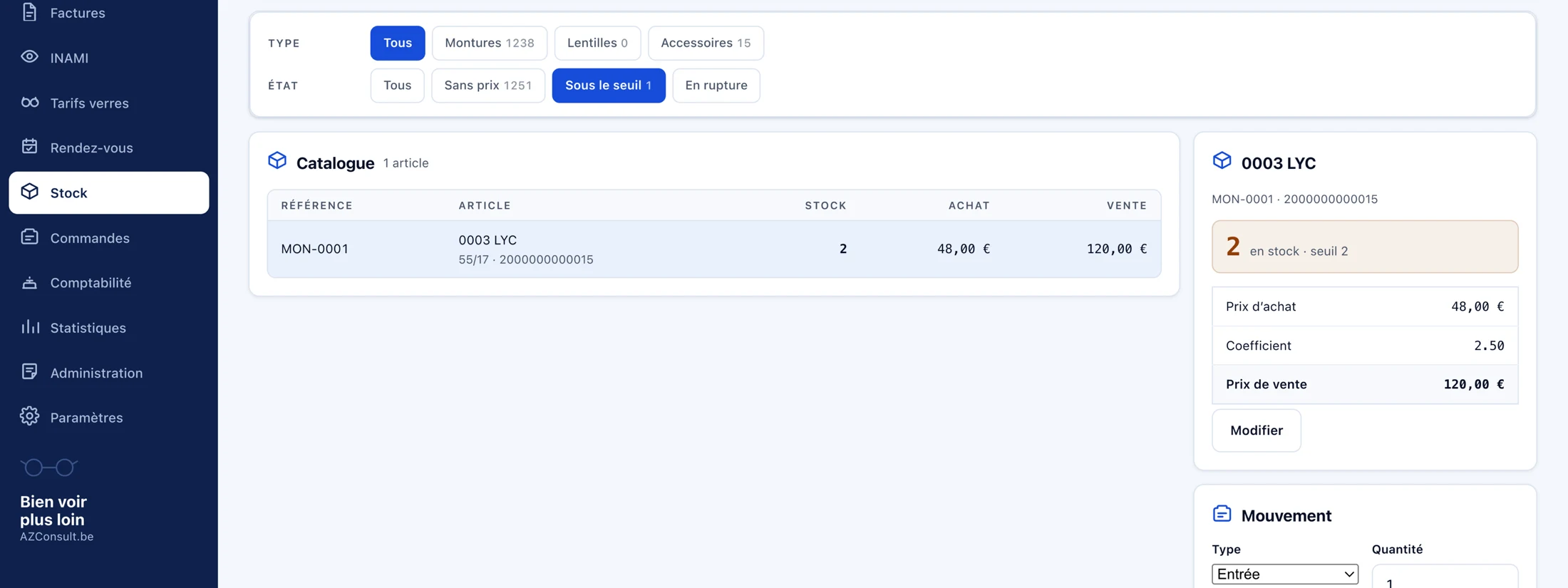 Écran Stock : filtres par type et par état, catalogue, fiche article avec prix d'achat, coefficient, prix de vente et mouvement de stock.